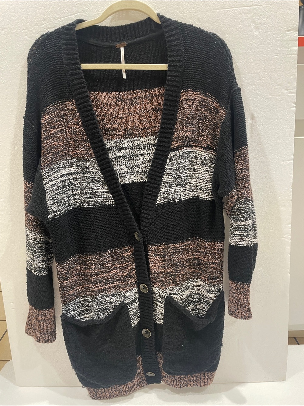 Free People Black, Brown & Cream Striped Button Cardigan